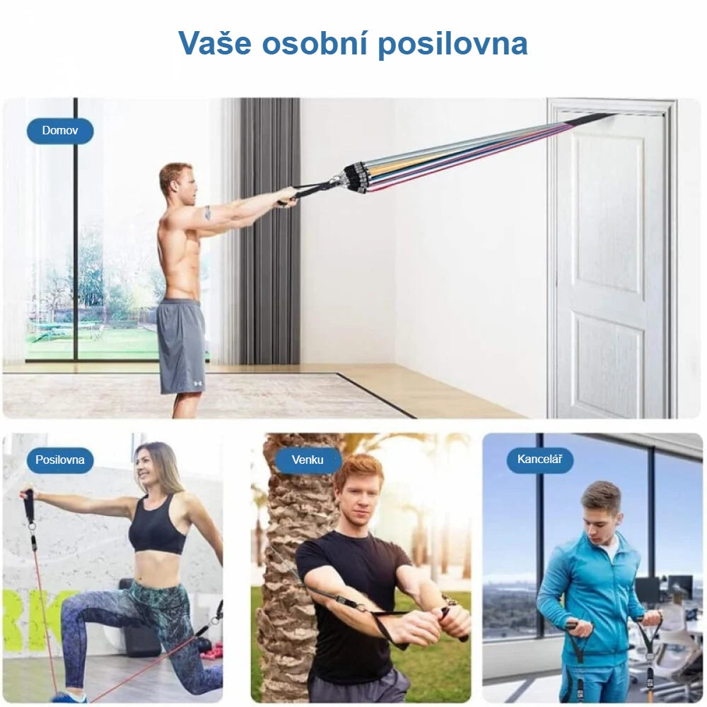 Cvičení s posilovacími gumami doma s upevněním do dveří, v posilovně, venku i v kanceláři