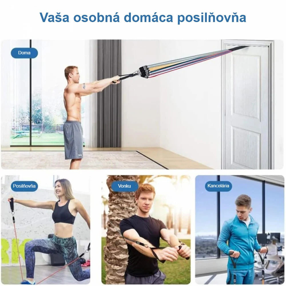 Cvičenie s odporovými pásmi doma s úchytom na dvere, v posilňovni, vonku aj v kancelárii