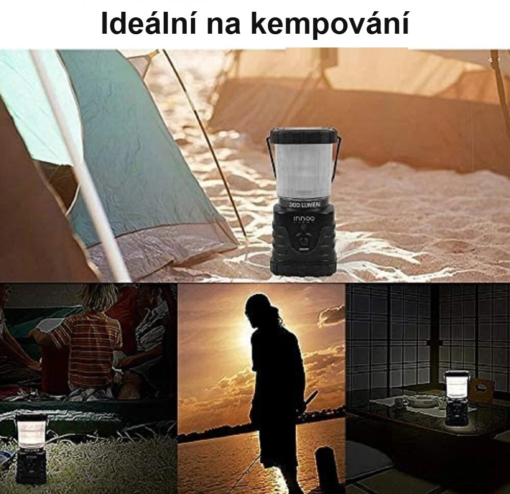 Kempingová lampa venku v noci, u stanu a na túře