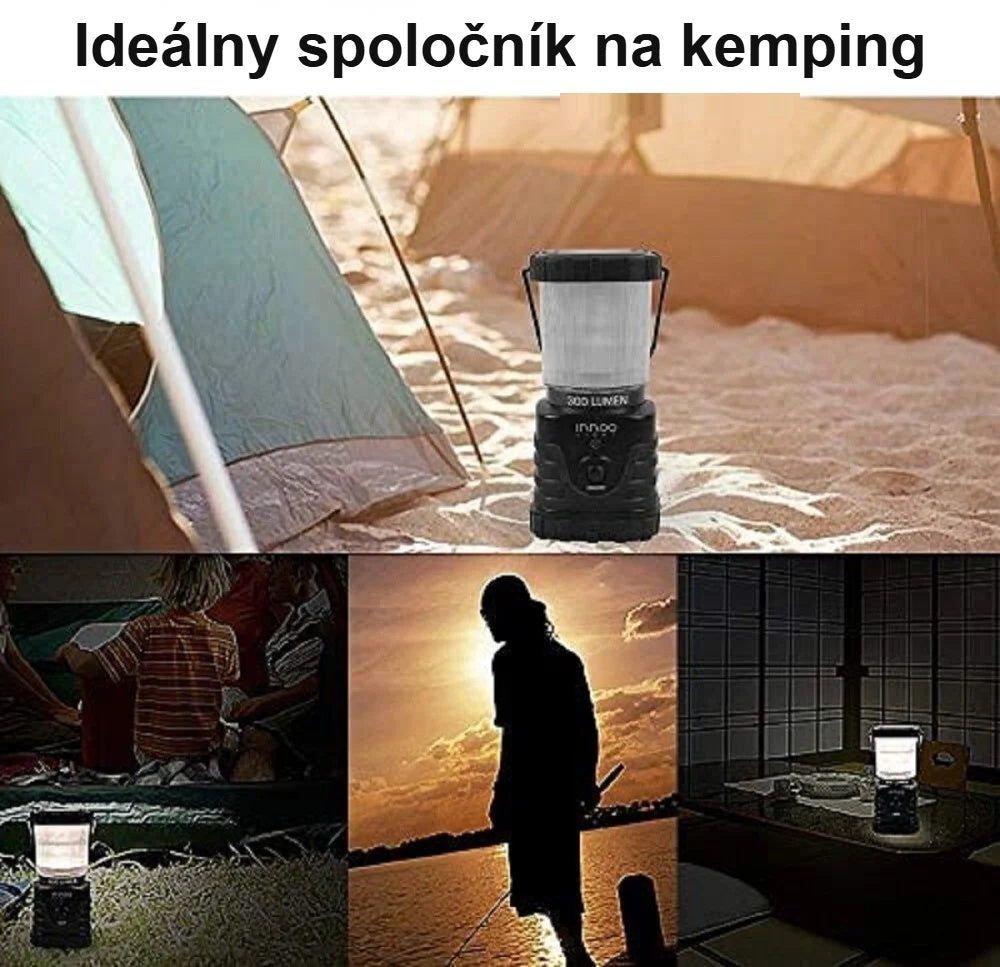 Kempingová lampa vonku v noci, pri stane a na túre