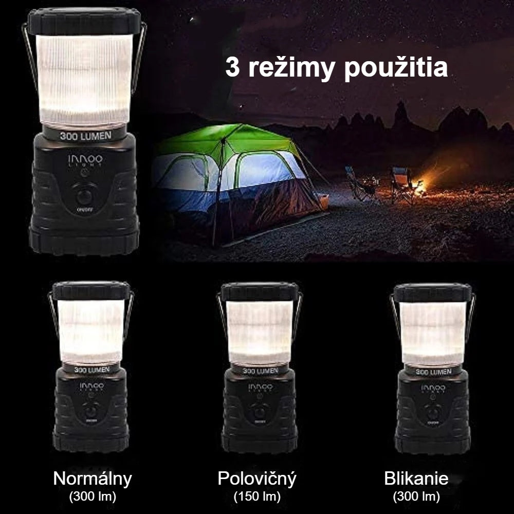 3 režimy svetla kempingovej lampy: normálny, polovičný a blikanie