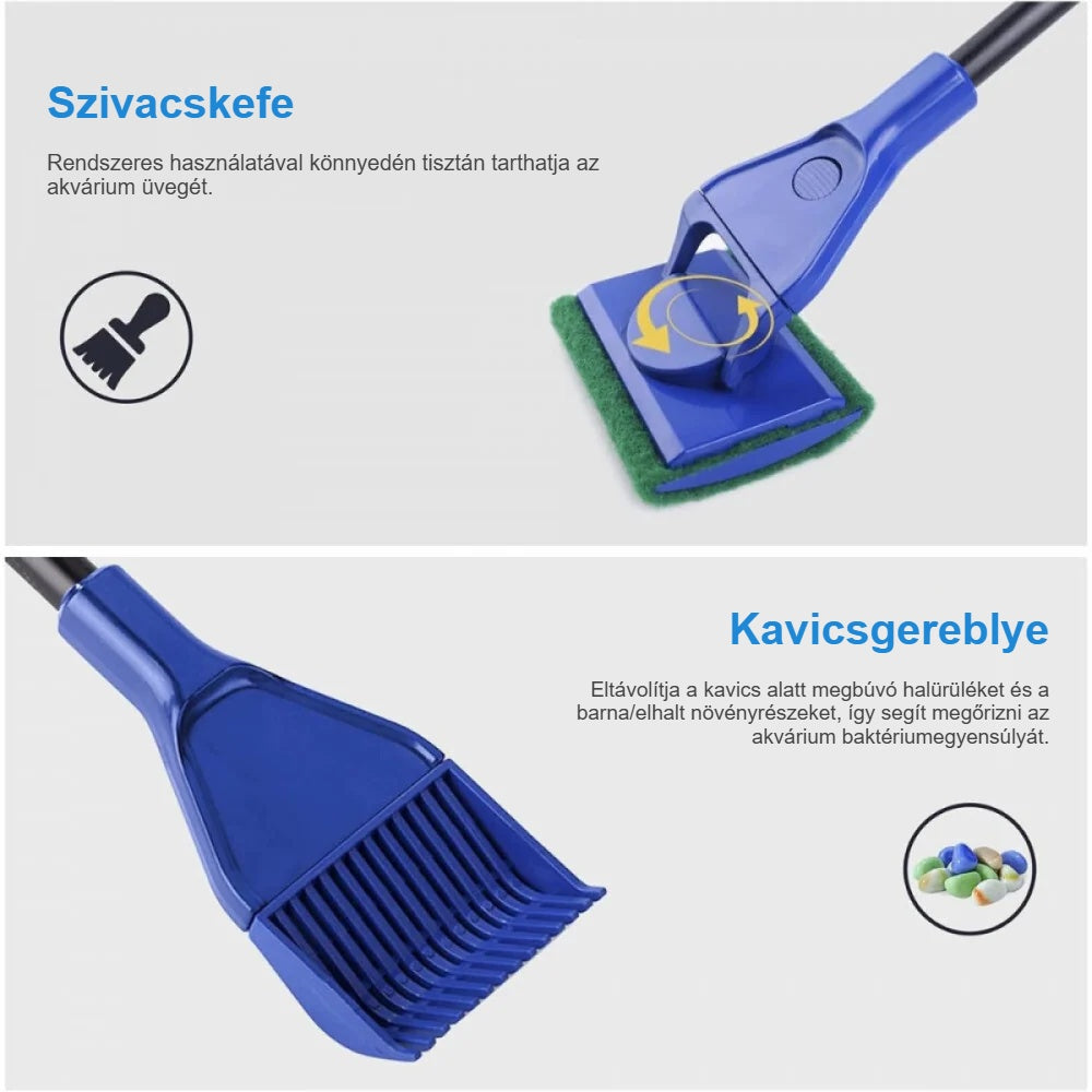 Akvárium szivacskefe és kavicsgereblye közelről