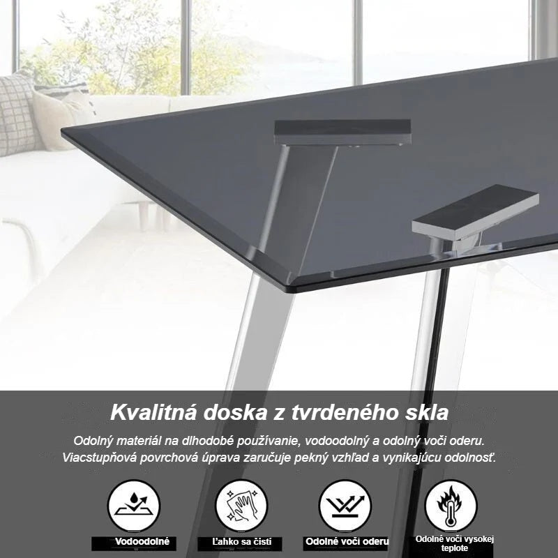 Detail čiernej stolovej dosky z tvrdeného skla