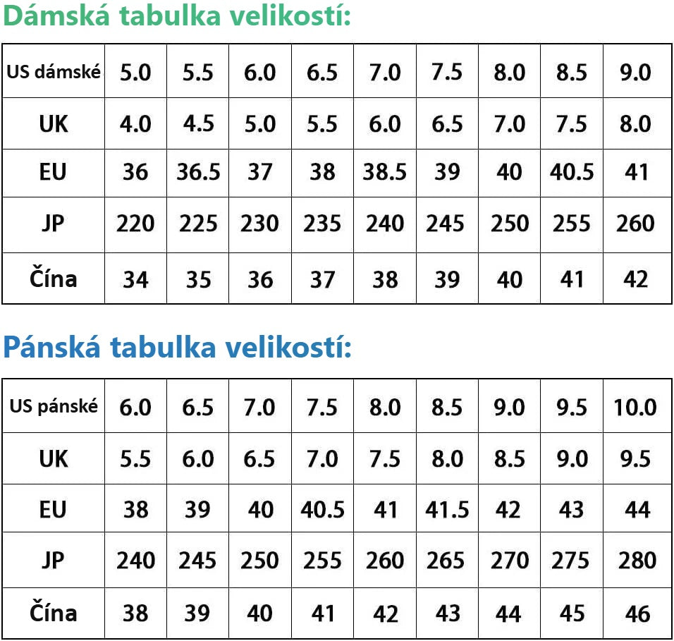 Pánská a dámská tabulka velikostí žabek: US, UK, EU, JP a čínské velikosti