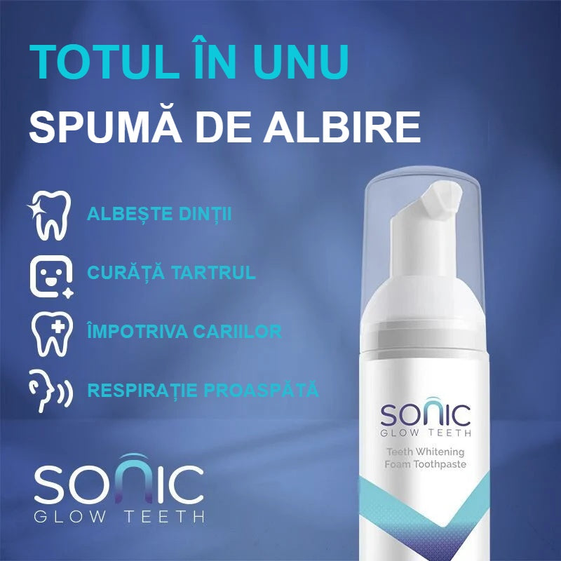Flaconul cu pompă al spumei de albire pe fundal albastru, cu principalele caracteristici