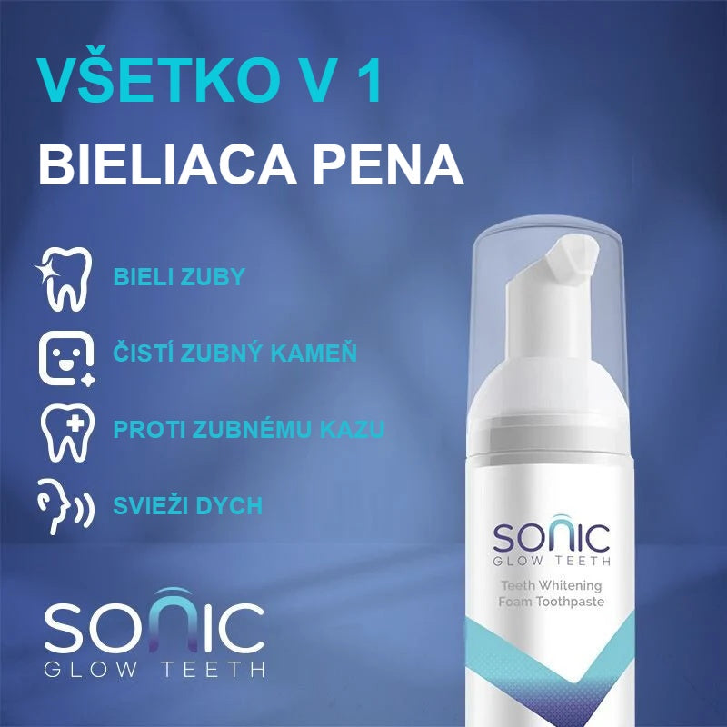 Fľaštička peny na bielenie zubov na modrom pozadí so zoznamom hlavných vlastností