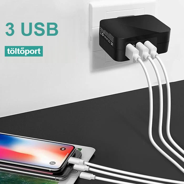 Három telefon töltése egyszerre a 3 portos USB töltőről
