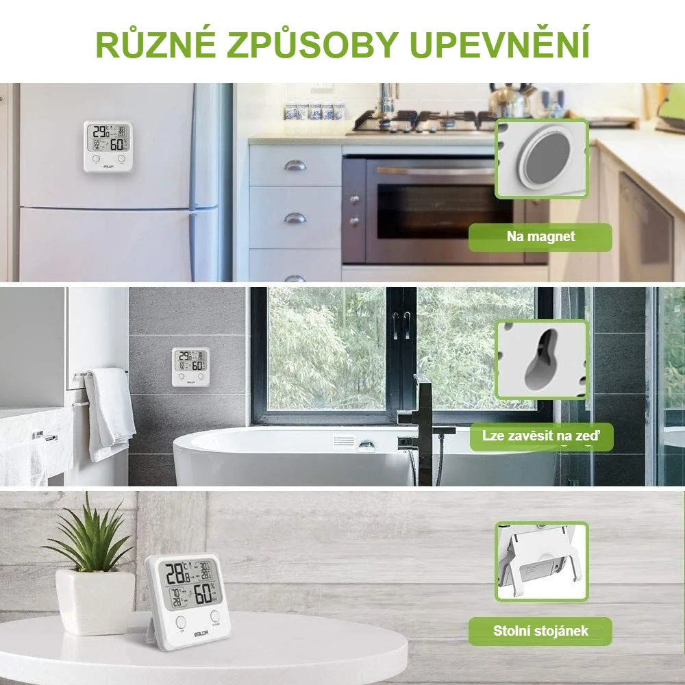 Způsoby upevnění teploměru s vlhkoměrem: magnet, zavěšení na zeď, stojánek na stůl