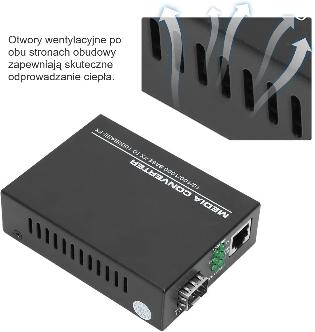 Metalowa obudowa media konwertera z bocznymi otworami wentylacyjnymi