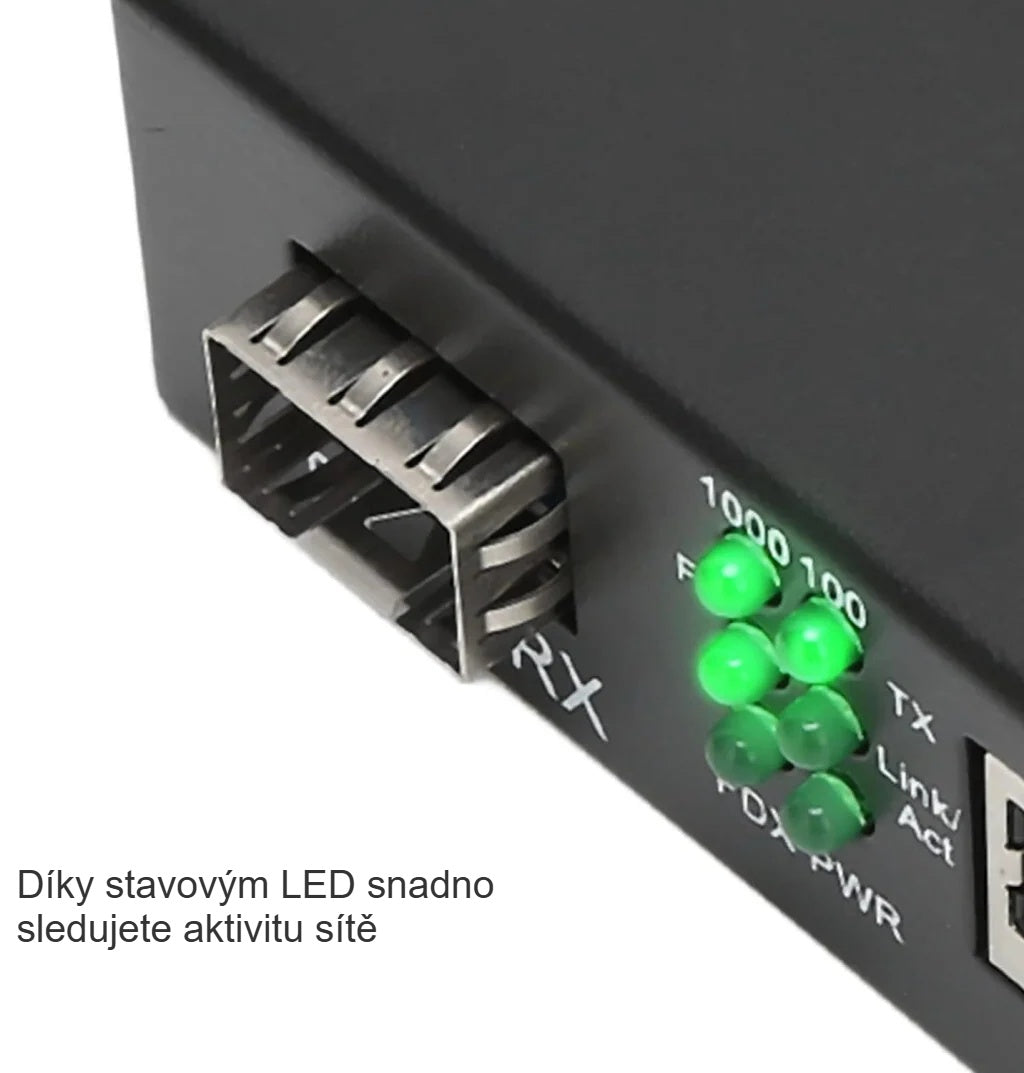 Zelené stavové LED optického převodníku SFP zblízka