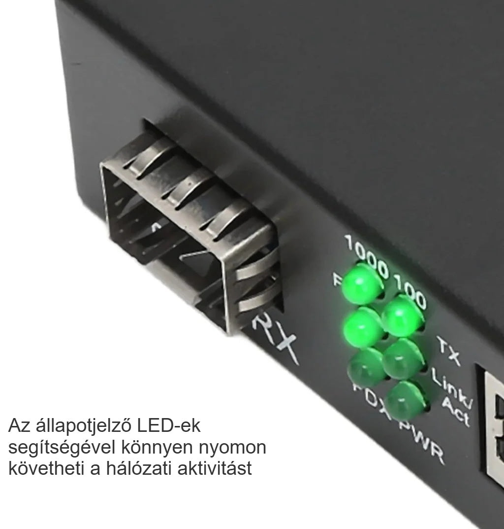 SFP optikai átalakító zöld állapotjelző LED-jei közelről