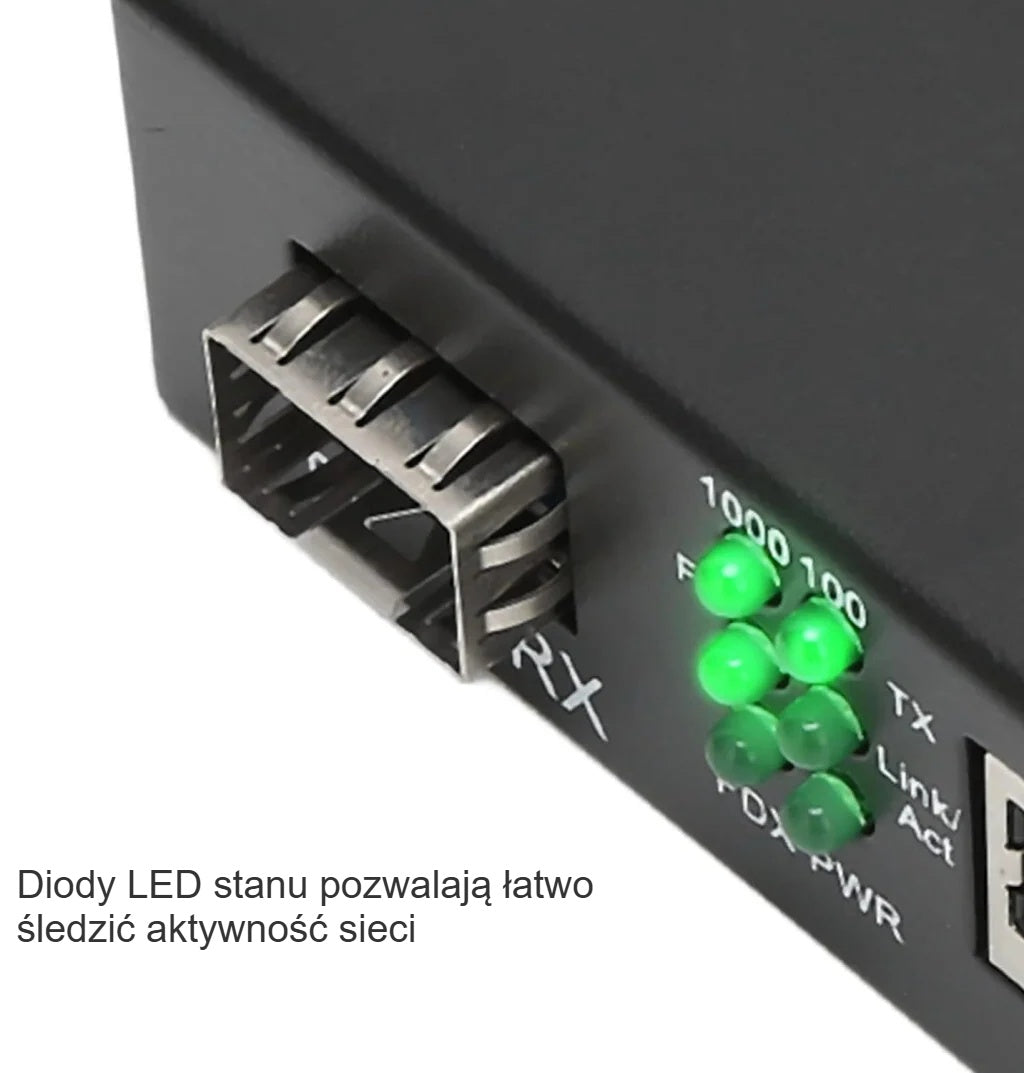 Zielone diody LED stanu konwertera światłowodowego SFP z bliska
