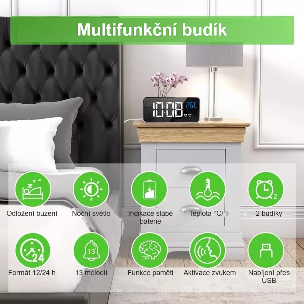 Růžové LED hodiny na nočním stolku s ikonami funkcí