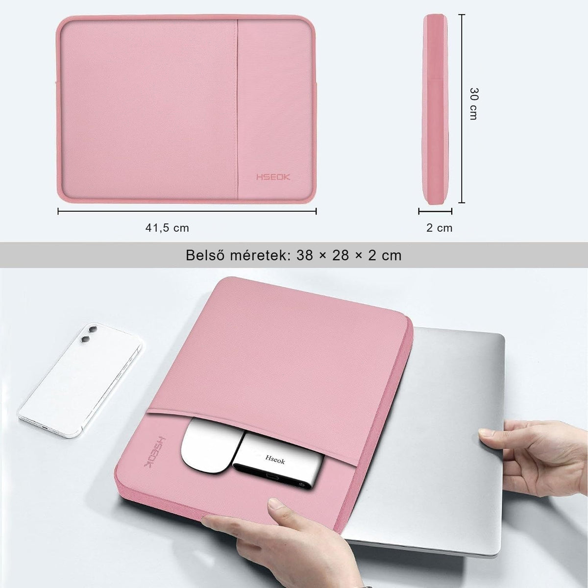 Rózsaszín laptop tok méretei, belecsúsztatott laptoppal