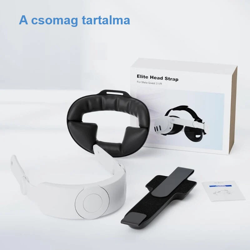 VR fejpánt csomag tartalma: fejpánt, hátsó és felső párna, útmutató