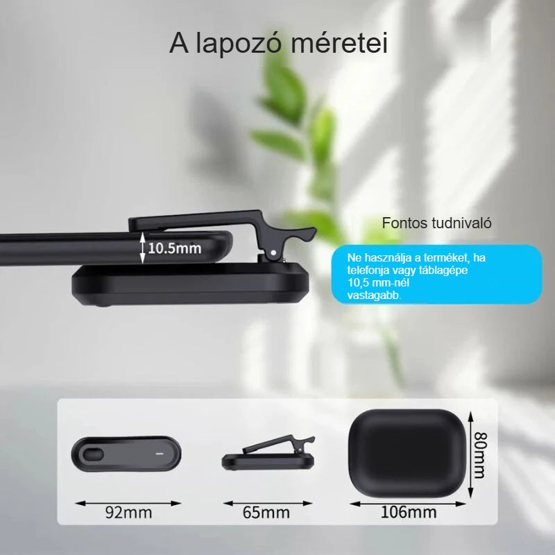 Lapozó távirányító, vevőegység és töltőtok méretei