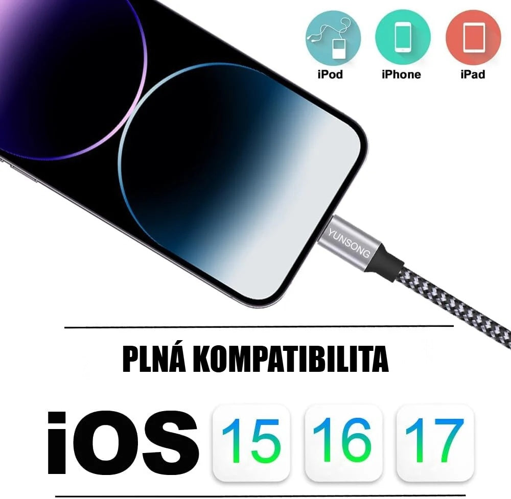 Připojený nabíjecí kabel pro iPhone, kompatibilita s iOS 15, 16 a 17