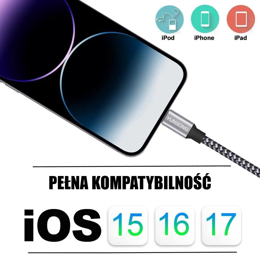 Podłączony kabel do iPhone'a, kompatybilny z iOS 15, 16 i 17