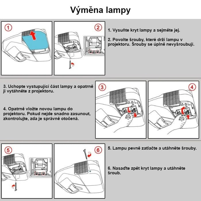 Kroky výměny lampy do projektoru s obrázky
