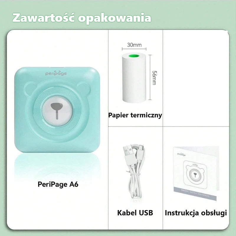 Zestaw turkusowej drukarki PeriPage: rolka papieru, kabel USB, instrukcja