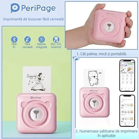 Mini imprimantă cu aplicația de pe telefon, varianta roz
