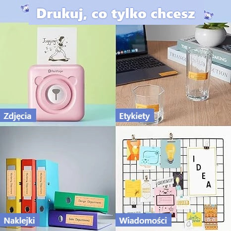 Notatki, etykiety i zdjęcia wydrukowane mini drukarką