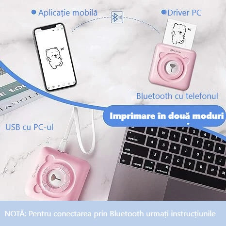 Mini imprimantă cu conexiune Bluetooth și USB, de pe telefon și computer
