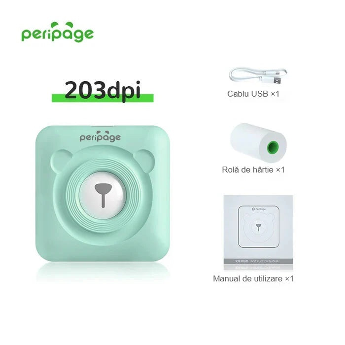 Mini imprimantă turcoaz cu rezoluție de 203 dpi și conținutul pachetului
