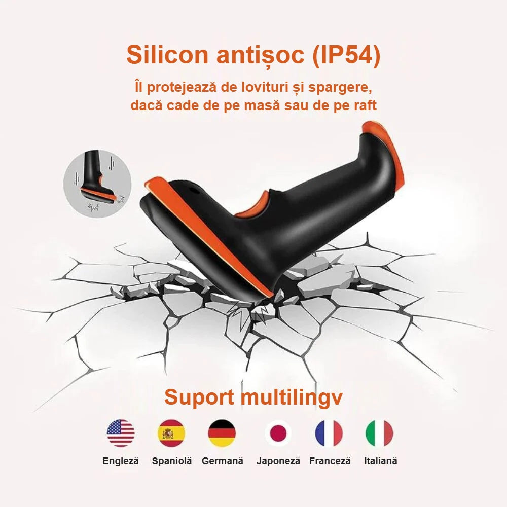 Cititor de coduri de bare cu husă din silicon antișoc IP54, suport multilingv