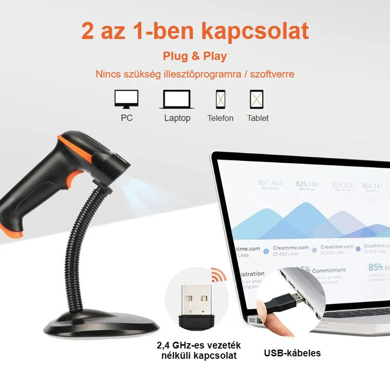 Vonalkódolvasó 2 az 1-ben kapcsolata: USB-vevő vagy USB-kábel laptophoz