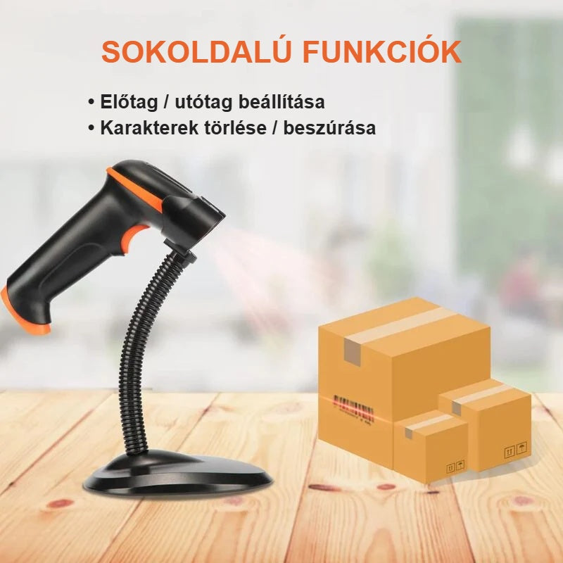 Vonalkódolvasó állványon, előtag/utótag és karakterszerkesztés funkcióval