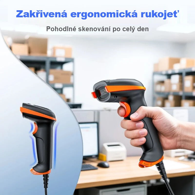Čtečka čárových kódů se zakřivenou ergonomickou rukojetí v ruce ve skladu