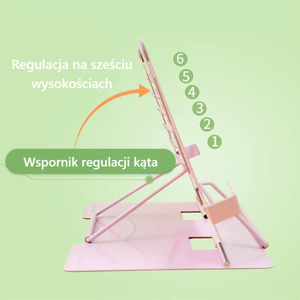 Regulacja wysokości i kąta stojaka na książkę na rysunku, wersja różowa