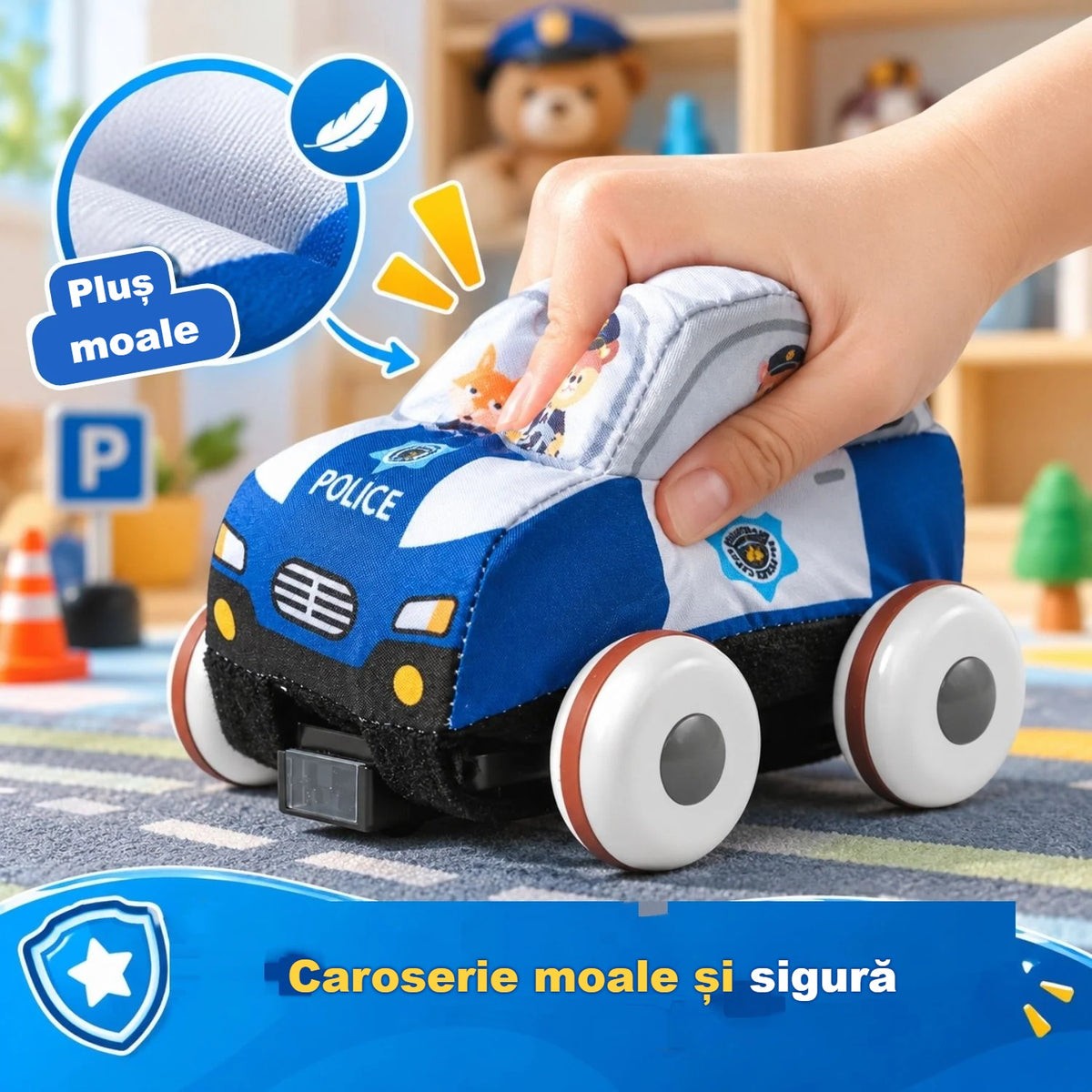 Mașinuță de poliție cu telecomandă, cu caroserie moale, care se poate strânge