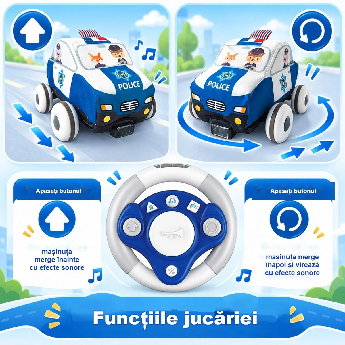 Funcțiile mașinuței cu telecomandă: înainte și înapoi, virare cu efecte sonore