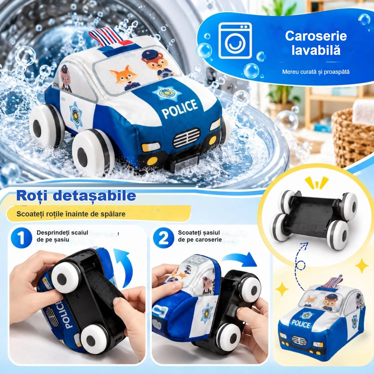 Caroserie lavabilă și roți detașabile la mașinuța cu telecomandă
