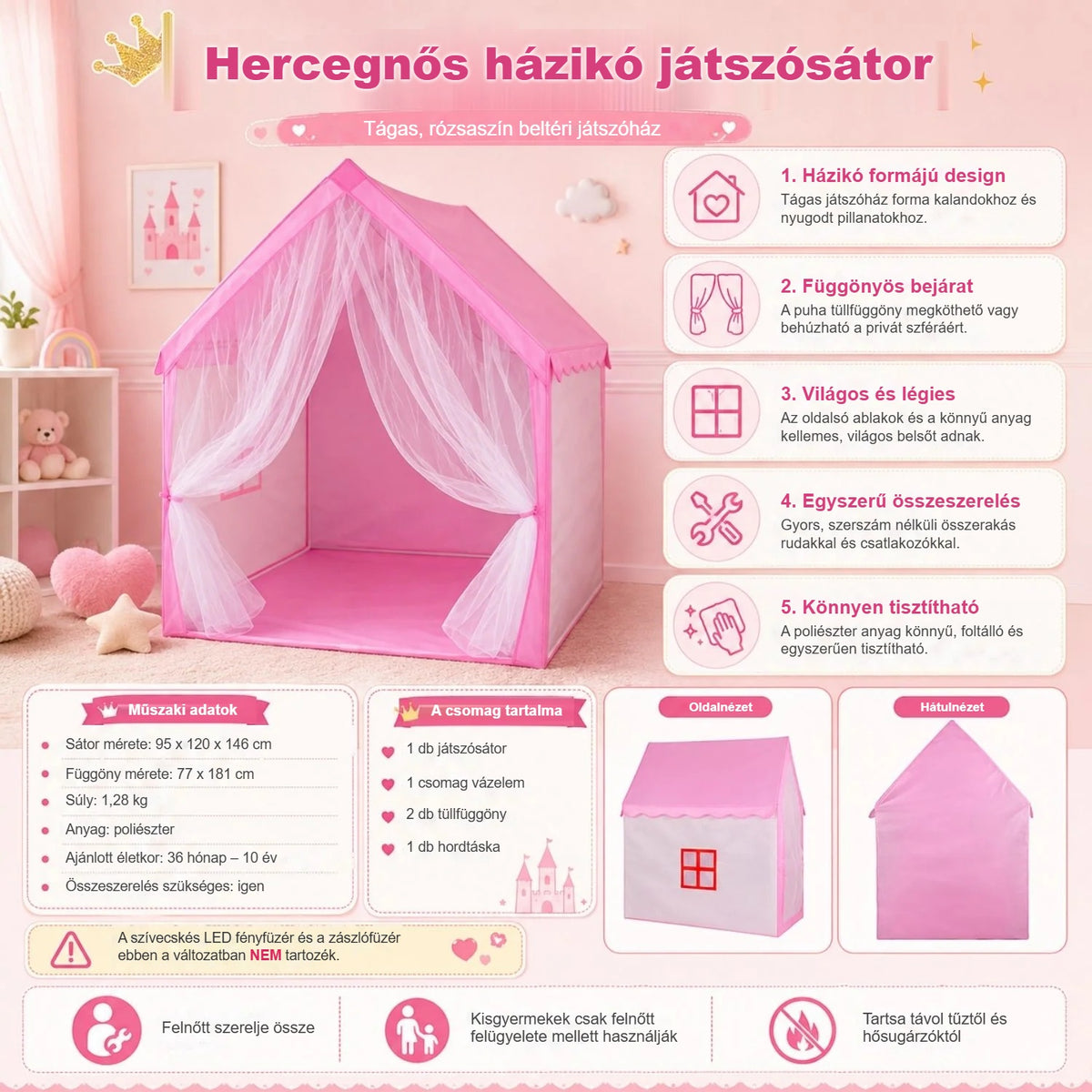 Hercegnős játszósátor főbb jellemzői ábrákkal