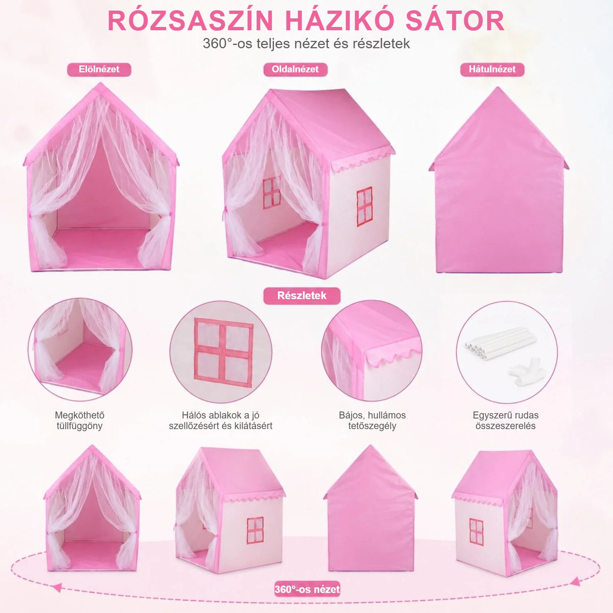 Játszósátor elől-, oldal- és hátulnézetből, a részletek kiemelésével