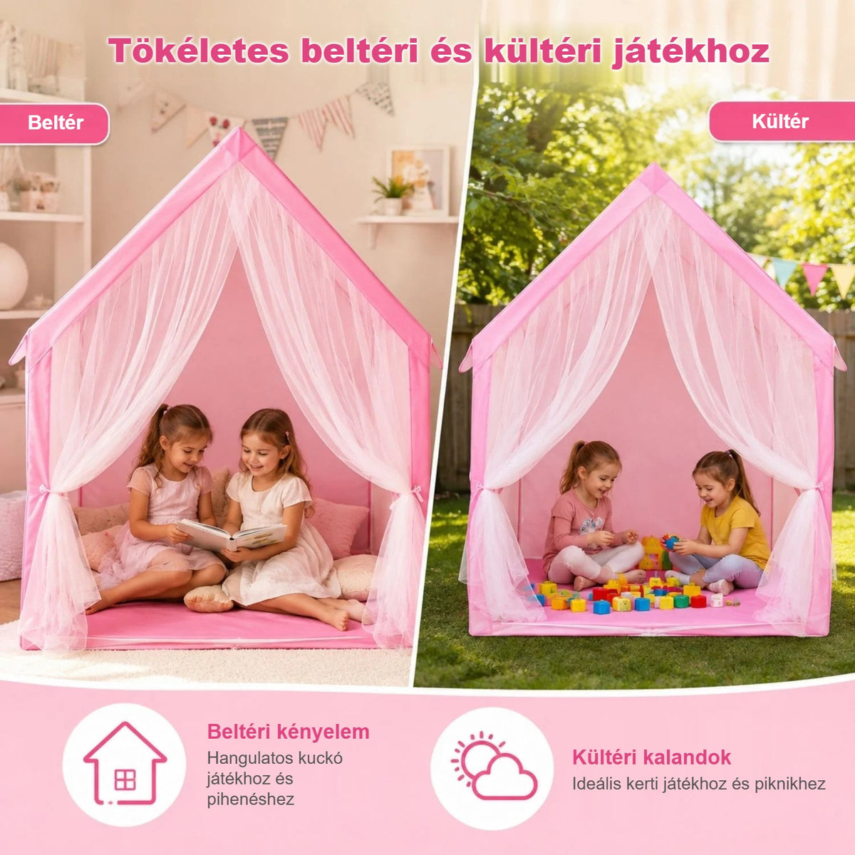 Hercegnős játszósátor beltéri és kültéri használatban, gyerekekkel
