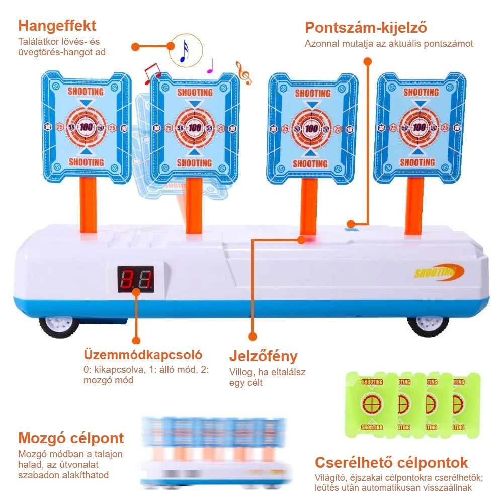 Elektronikus céltábla részei: pontszám-kijelző, üzemmódkapcsoló, jelzőfény