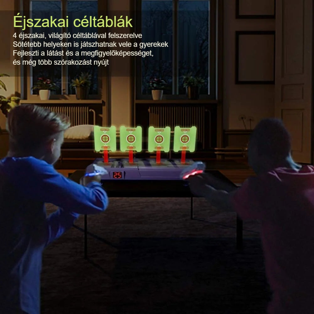 Világító céltáblák sötétben, gyerekek céloznak rájuk