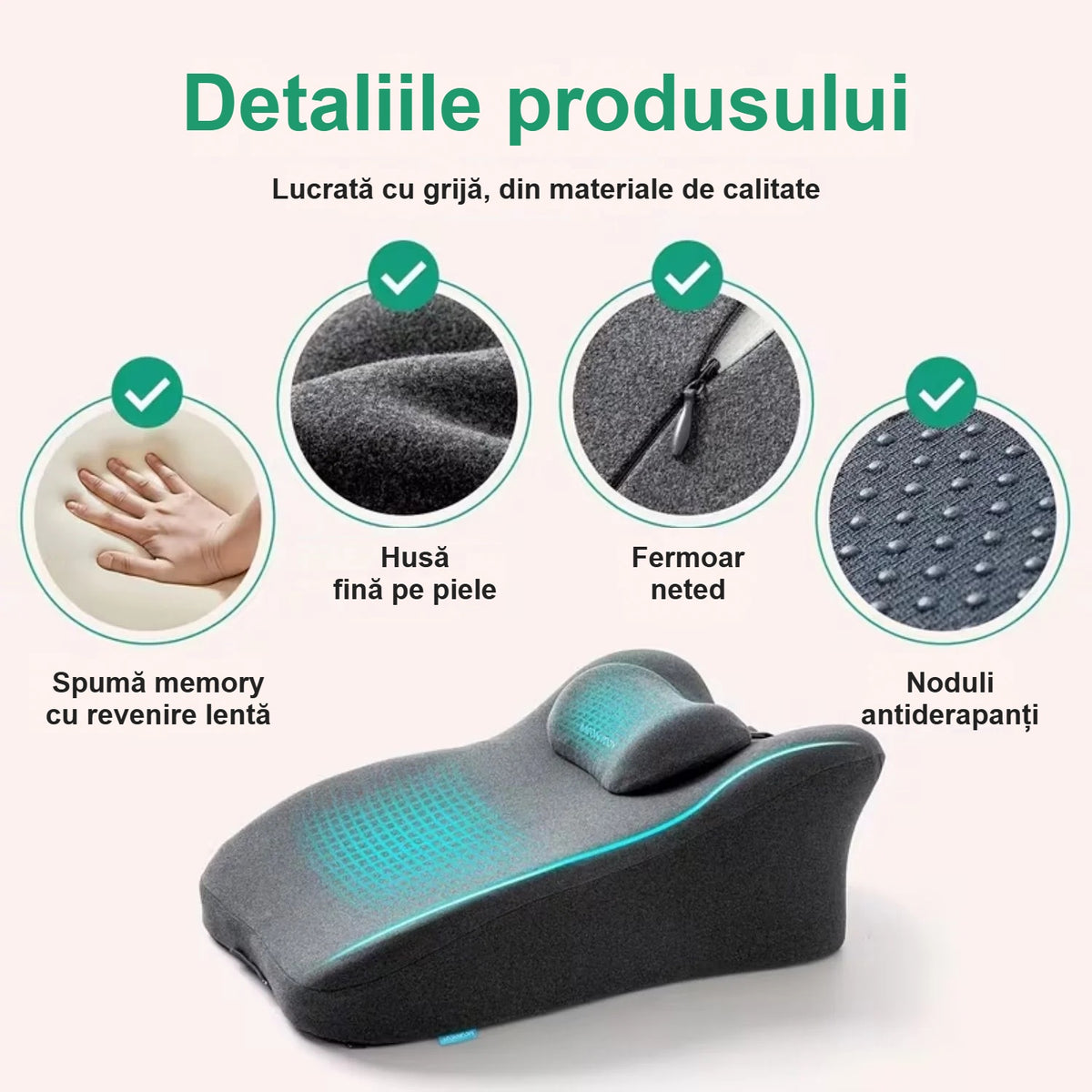 Detaliile pernei: spumă cu memorie cu revenire lentă și husă detașabilă
