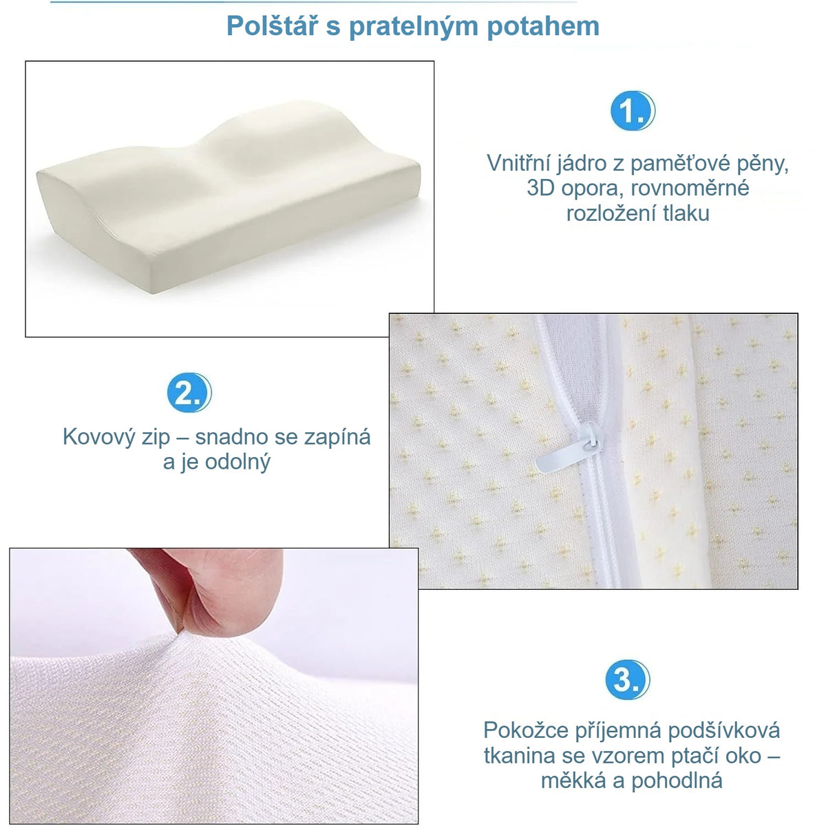 Snímatelný potah ortopedického polštáře na zip a jeho materiály zblízka