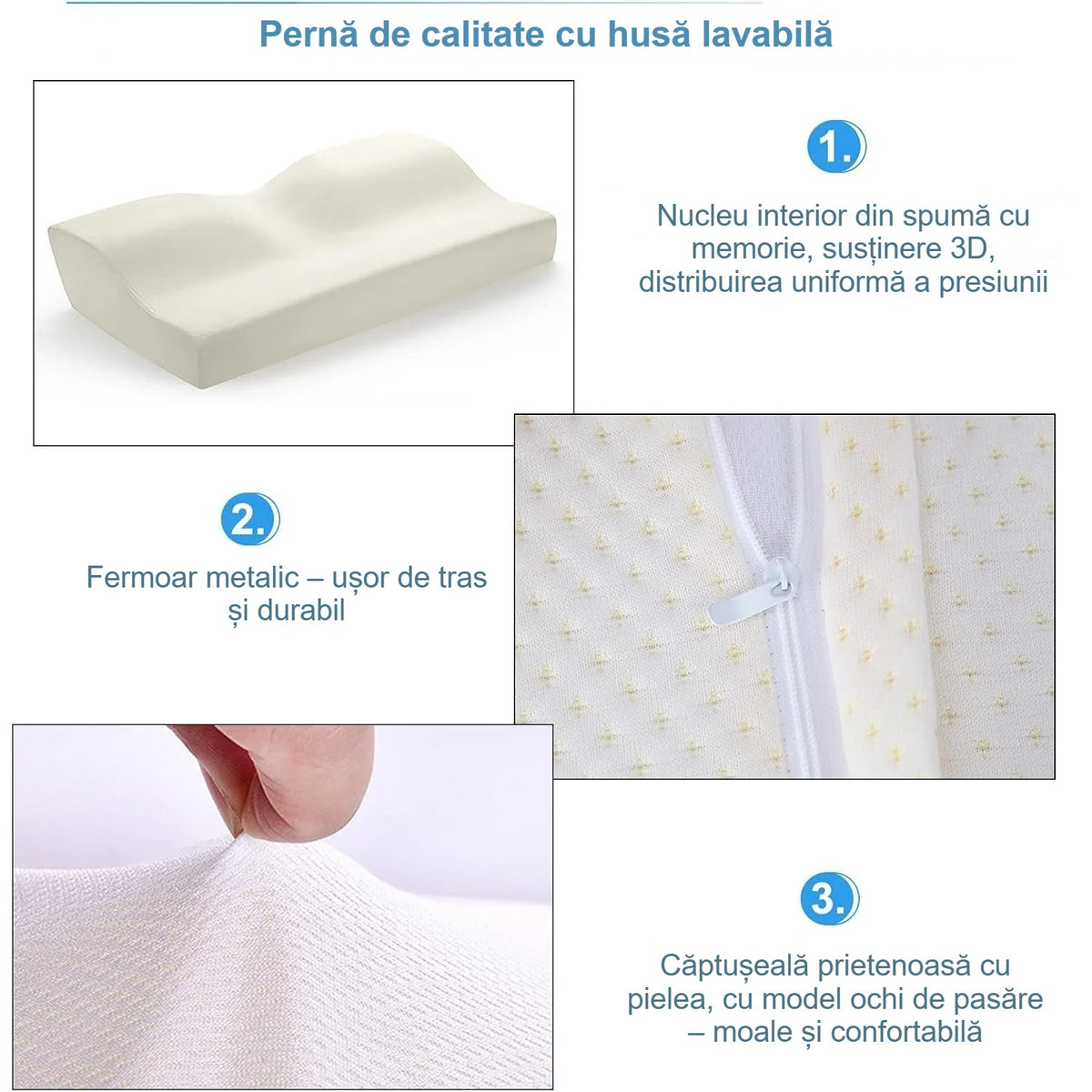 Husa detașabilă cu fermoar a pernei ortopedice și materialele, de aproape