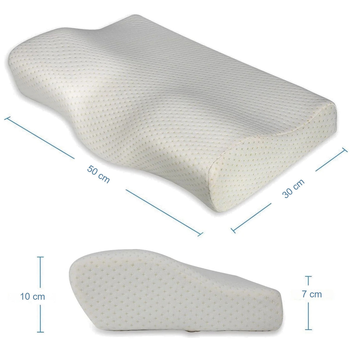 Dimensiunile pernei cervicale: 50 × 30 cm, laturi de 10 și 7 cm