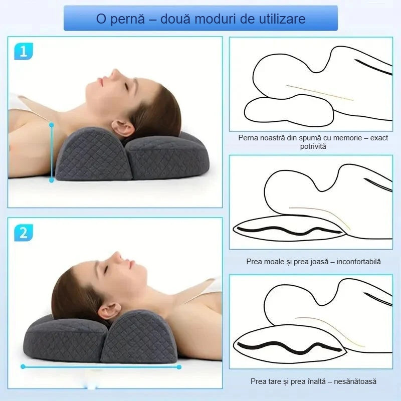 O pernă, două înălțimi: suport cervical mai înalt și mai jos