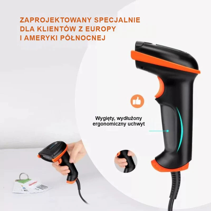 Wygięty, wydłużony, ergonomiczny uchwyt czytnika kodów kreskowych