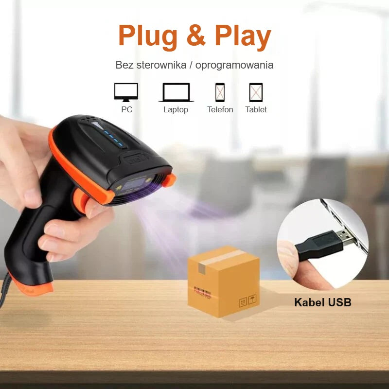 Czytnik kodów kreskowych USB Plug and Play do komputera, laptopa, telefonu i tabletu