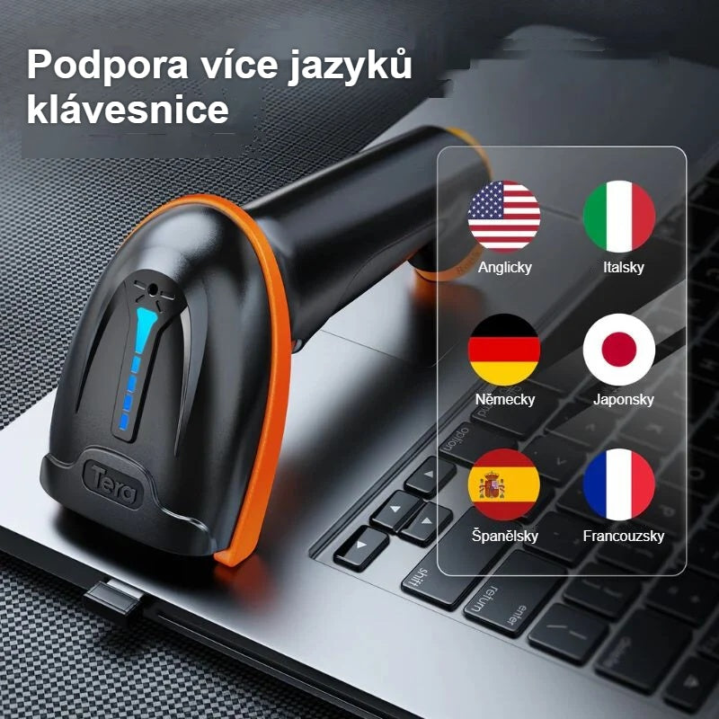 Podporované jazyky klávesnice s vlajkami vedle čtečky čárových kódů
