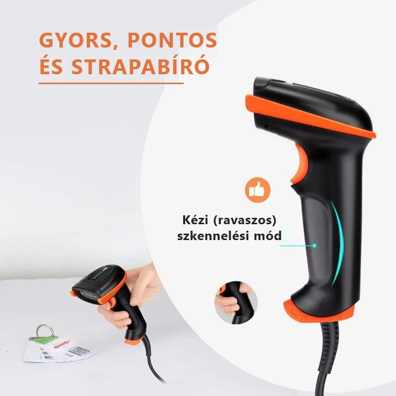Vonalkódolvasó ívelt, ergonomikus markolata fekete-narancs színben